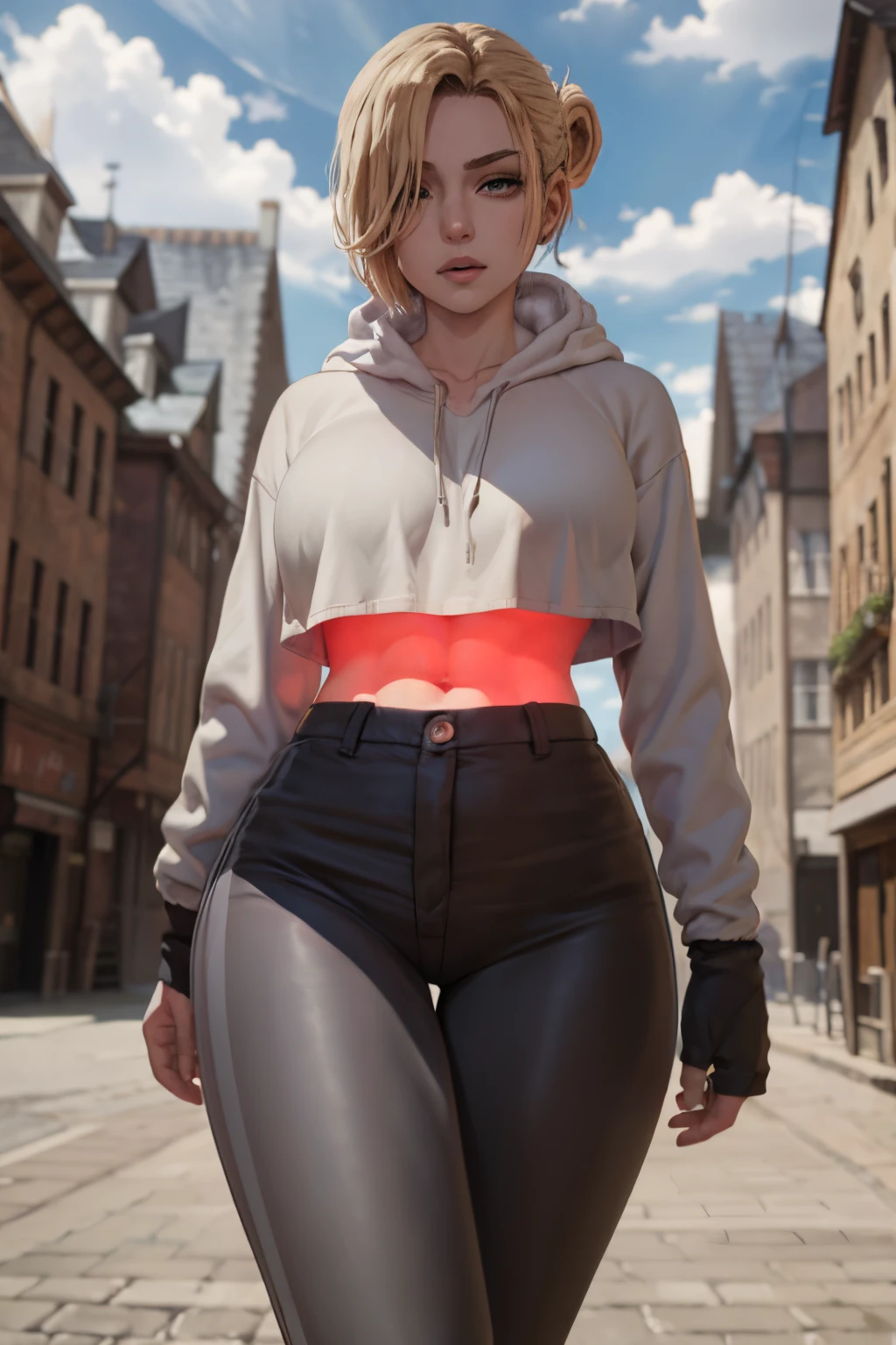 annie_leonhardt, 1girl, solo, looking at viewer, large breasts, long sleeves, navel, closed mouth, collarbone, outdoors, midriff, pants, cloud, hood, hair over one eye, blurry, crop top, hoodie, muscular, blurry background, black pants, abs, hood down, toned, muscular female, drawstring, white hoodie, cropped hoodie