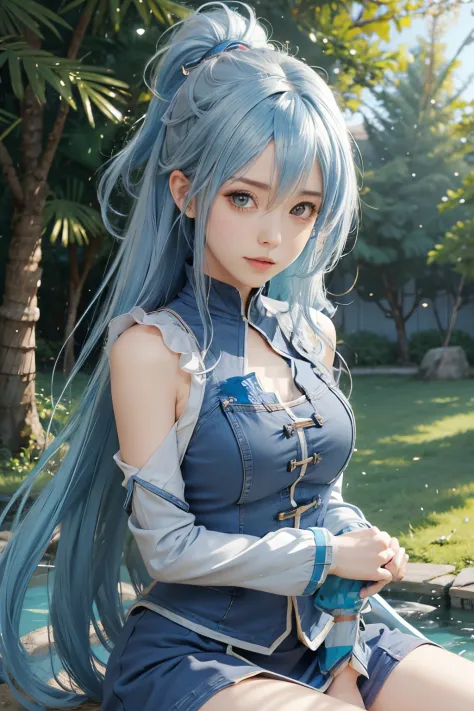 1girl, blue hair, aqua konosuba, realistic, best quality, high resolution, highly detailed, big brestes