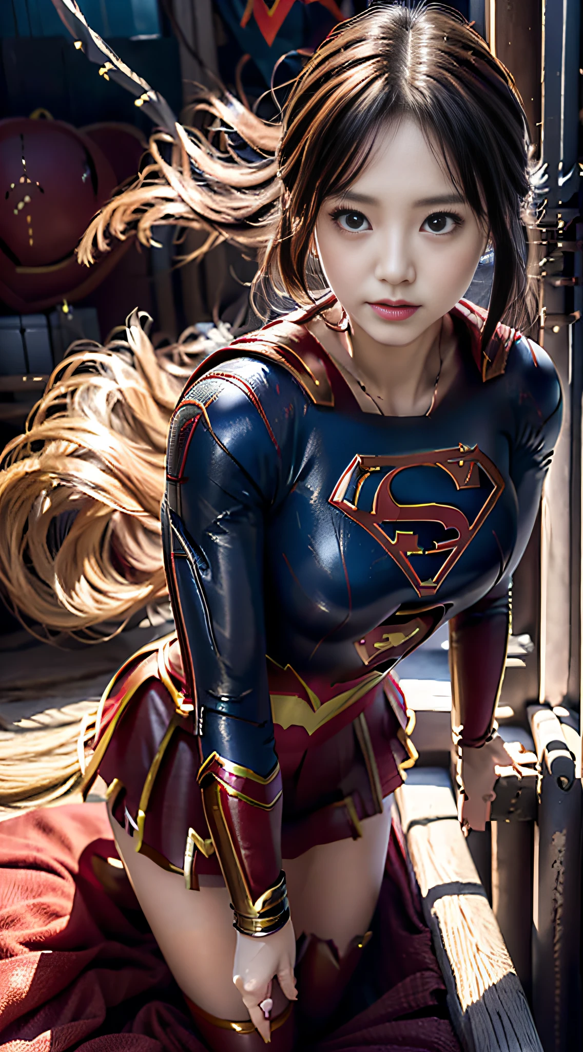 Anime-Mädchen posiert im roten und schwarzen Lederkostüm , Realist, (((Supergirl-Anzug)))、 biomechanische Oppai, fanart best artstation, artgerm style, Markierte Katze,Tischplatte, Alle Einzelheiten,  PhotoRealistic, 8K, ( große volle Brüste、große Oberschenkel)