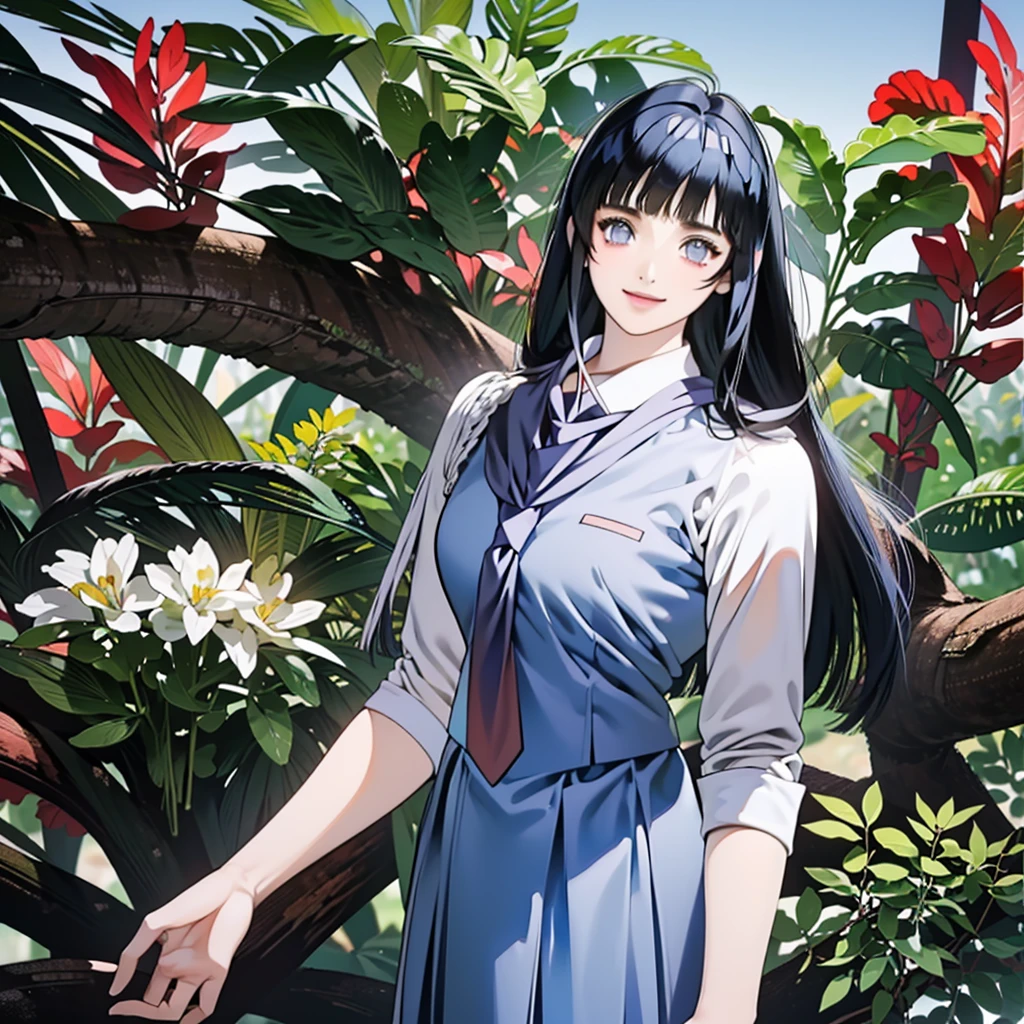 colorante animado, hinata hyuga, Obra maestra, mejor calidad, alta calidad, (intrincado detallado 1.21, 1 chica, solo, al aire libre, cara feliz, sonrisa), flequillo contundente, ojos puros, pelo largo, pelo azul oscuro, flequillo contundente, pecho mediano, mirando al espectador, desde el frente, (vistiendo uniforme de secundaria indonesio: 21, uniforme de secundaria indo:11 (corbata azul: 1.2), (Camisa blanca: 1.2), desde el frente,