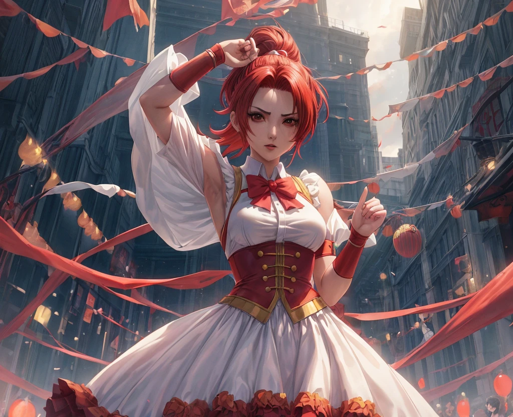 chica anime con el pelo rojo y una corbata posando para una foto, Personaje de King of Fighters, vanessa, protagonista femenina 👀 :8, Arte oficial del personaje, Personaje del juego de lucha, arte oficial de SNK, un solo personaje, con un fondo de dojo de lucha