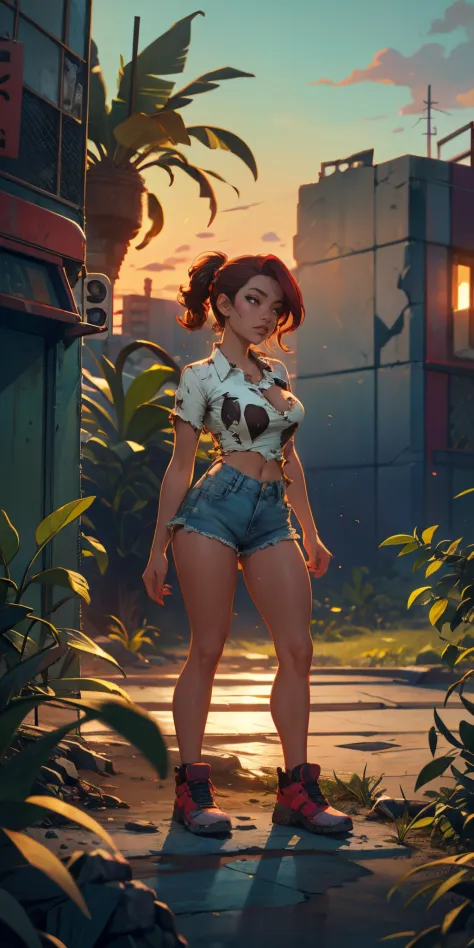 2076 year. N.uh. The Urban Ruins of the Wasteland, Female huntress picking fruit in the garden, torn shirt and denim shorts ,  s...