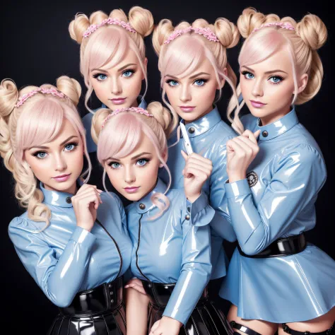 ((best quality)), ((Meisterwerk)), (Detailliert), Perfektes Gesicht,4 Gorgeous young twin girls,blondes Haar,Space Buns,rosa Lat...