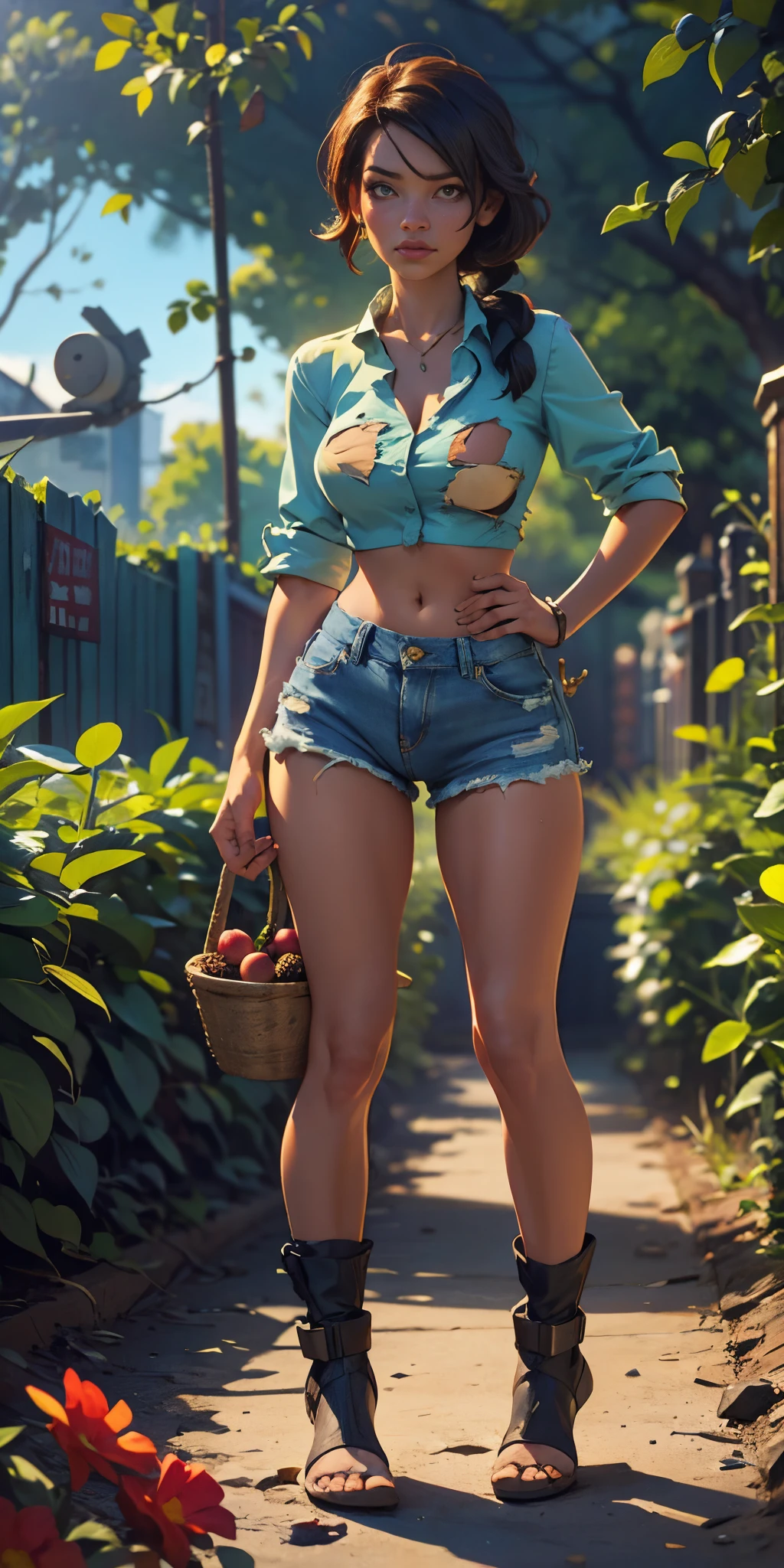 2076 year. N.uh. The Urban Ruins of the Wasteland, Female huntress picking fruit in the garden, beautiful face, torn shirt and denim shorts ,  long legs, sweating through, sun rising, Nice warm colors, head to toe full body shot