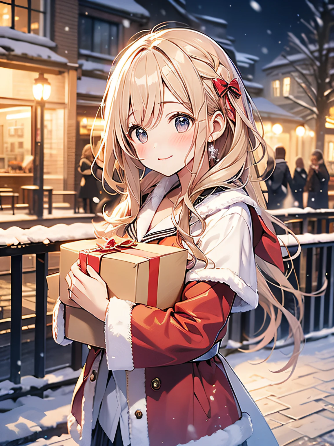 in 8K、top-quality、​masterpiece、ultra-detailliert、Ultra-high resolution、1 persons、17 years old girl、It's snowing、nightcity、a blond、santa costume、deliver a present