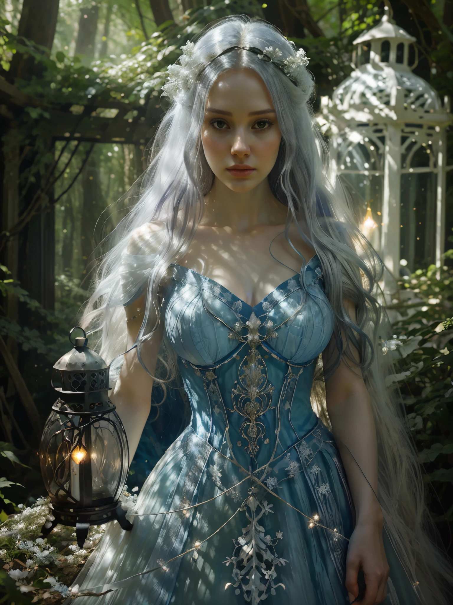 身穿蓝色连衣裙的阿拉夫妇女在森林里拿着灯笼, 受 Cynthia Sheppard 启发的数字艺术, tumblr, 幻想艺术, 飘逸长发, 白女巫, 奇幻绚丽灯饰, 一位令人惊叹的年轻空灵人物, 空灵的童话, 美丽的少女, 卡罗尔在 uhd 后面,  厄尔利, 有着长长的白发, 美丽的幻想少女