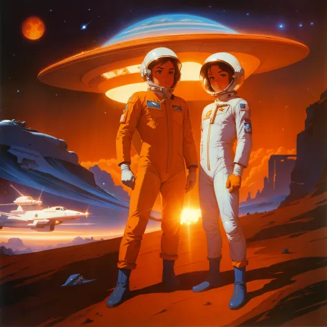 astronauts with beautiful faces in orange spacesuits against the background of a spaceship, ретро sci - fi art, tim hildebrandt,...