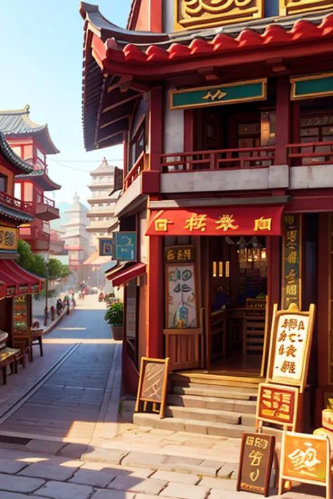 Three-dimensional cityscape、(((passage)))、Chinese style、opulent、stairway、signboard、food stand、From diagonally above