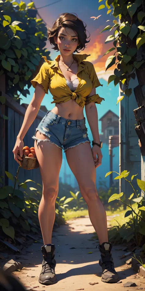 2076 year. N.uh. The Urban Ruins of the Wasteland, Female huntress picking fruit in the garden, beautiful face, torn shirt and d...