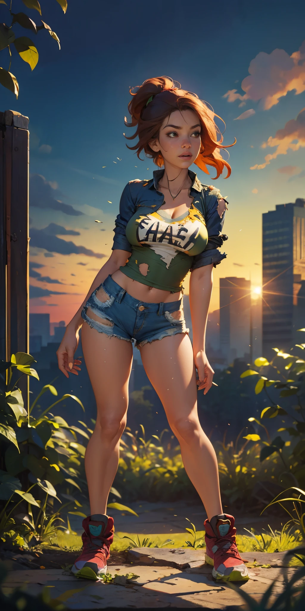 2076 year. N.uh. The Urban Ruins of the Wasteland, Female huntress picking fruit in the garden, beautiful face, torn shirt and denim shorts ,  long legs, sweating through, sun rising, Nice warm colors, head to toe full body shot