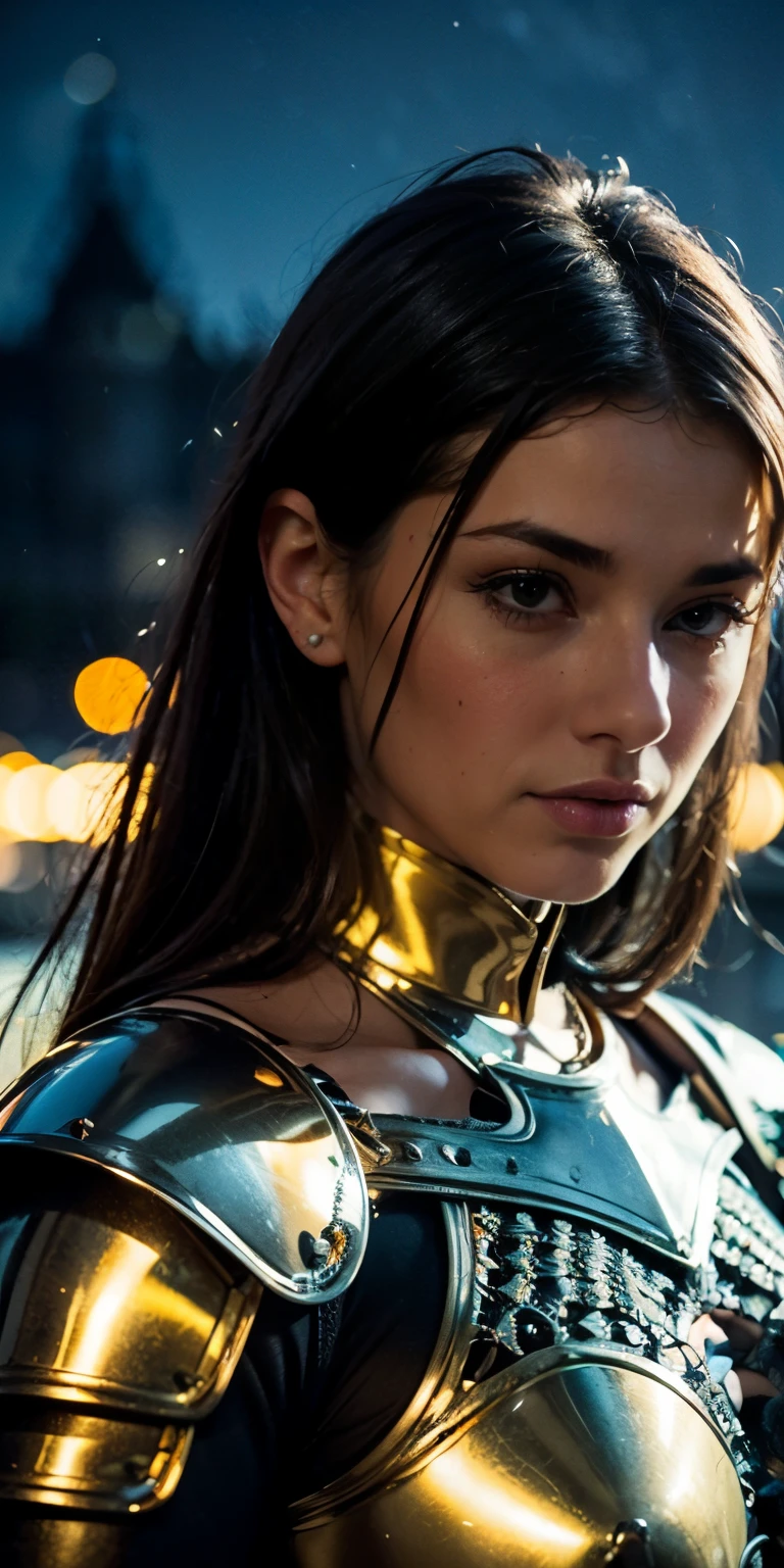 Portrait of a woman, the most beautiful in the world, (medieval gold armor), metal reflections, upper body, outdoors, intense moonlight, far away castle, professional photograph of a stunning woman detailed, perfect bobbed sexy intense black hair, sharp focus, dramatic, award winning, cinematic lighting, volumetrics dtx, (film grain, blurry background, blurry foreground, bokeh, depth of field, perfect night, interaction, Perfect chainmail), (masterpiece), (extremely intricate:1.3), (realistic), HDR+