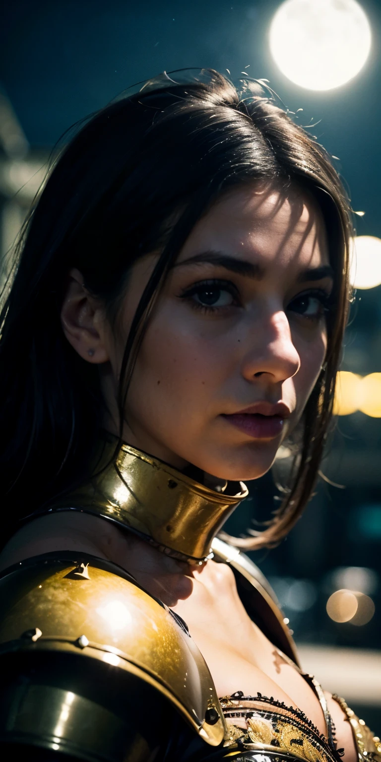 Portrait of a woman, the most beautiful in the world, (medieval gold armor), metal reflections, upper body, outdoors, intense moonlight, far away castle, professional photograph of a stunning woman detailed, perfect bobbed sexy intense black hair, sharp focus, dramatic, award winning, cinematic lighting, volumetrics dtx, (film grain, blurry background, blurry foreground, bokeh, depth of field, perfect night, interaction, Perfect chainmail), (masterpiece), (extremely intricate:1.3), (realistic), HDR+