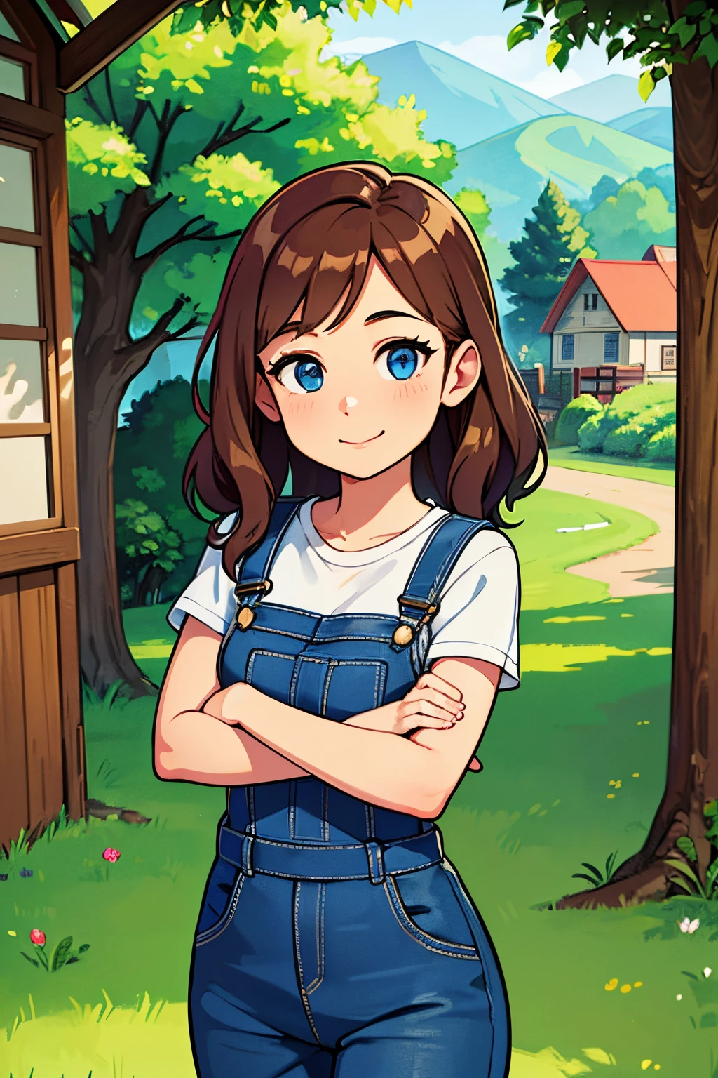 (best quality, 4k, highres, masterpiece:1.2), ultra-detailed, realistic:1.37, 8-bit portrait of a non-binary person with blue eyes and short wavy brown hair in a Stardew Valley farm scene background. Hand-painted pixels, vibrant colors, and nostalgic atmosphere. The person is wearing denim overalls and a checkered shirt, standing in front of a rustic wooden fence. The sunlight filters through the trees, casting soft shadows on their face. They have a friendly smile, and their eyes sparkle with excitement. The farm around them is filled with lush crops, blooming flowers, and a quaint farmhouse in the distance. The scene captures the serene beauty of the countryside, evoking a sense of peace and simplicity.