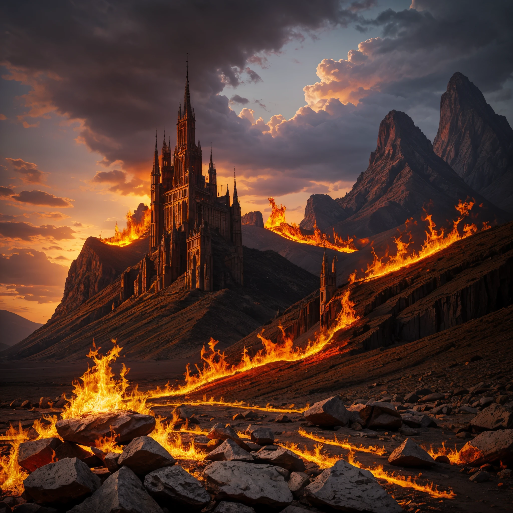 hell, fire, shadows, palace, mountains, big rocks, demons, fire sky