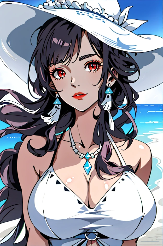 (masterpiece:1.2, best quality), (1lady, solo, upper body:1.2), Clothing: white flowy maxi dress, wide-brimmed hat, strappy sandals, Accessories: shell necklace, Hair: loose beach waves, Makeup: natural, glowing skin, Behavior: relaxed, carefree, free-spirited, Location: beach, resort, outdoor festival, red eyes, huge tits,