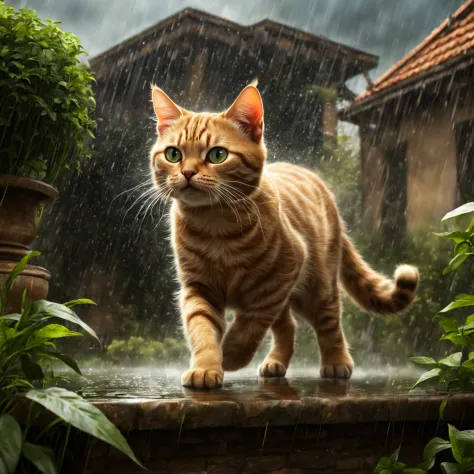 thunderstorm and downpour in the garden. frightened cute cat runs away from the rain, uhd, perfect composition, sf, intricate ar...