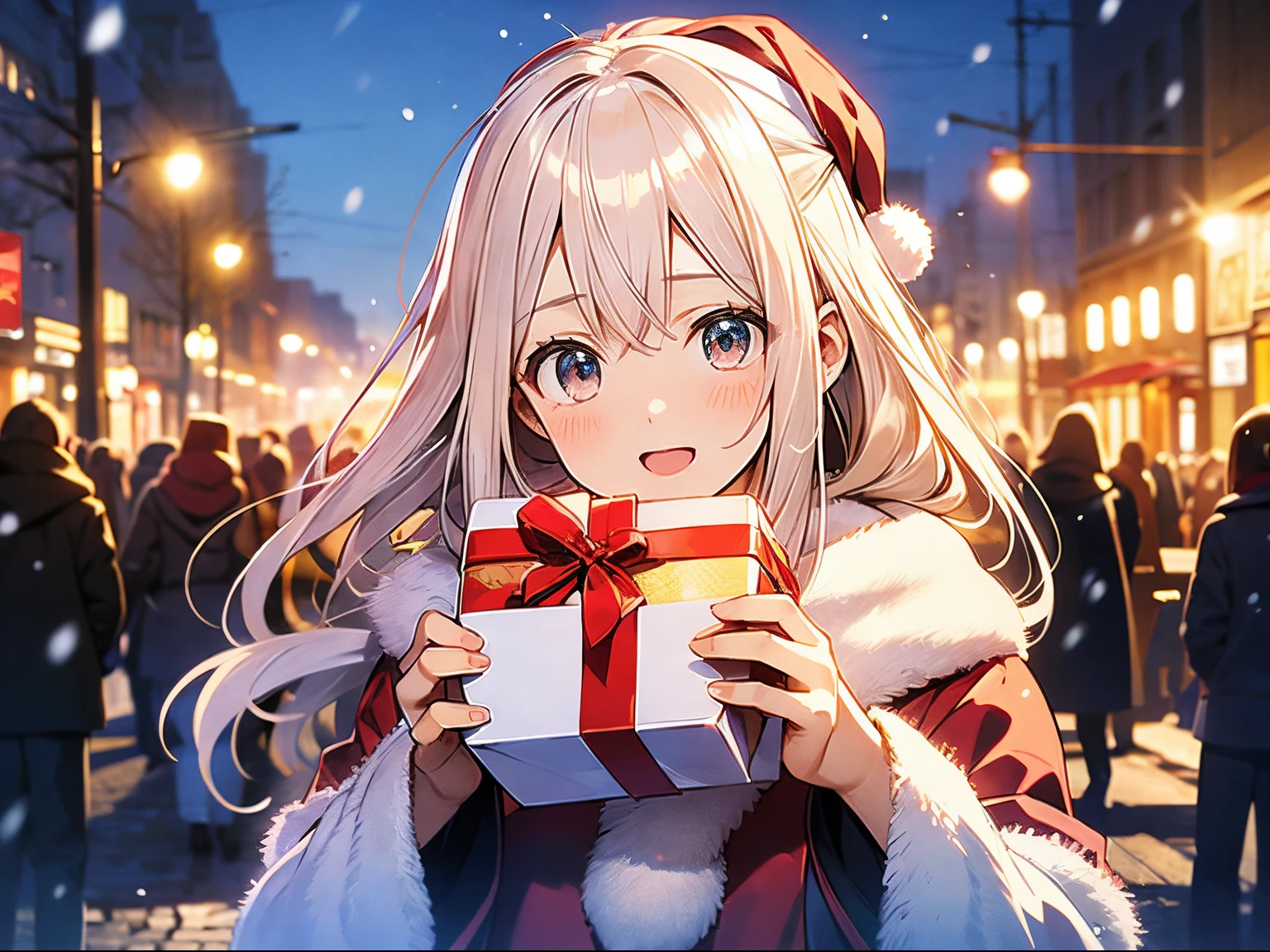 in 8K、top-quality、​masterpiece、ultra-detailliert、Ultra-high resolution、1 persons、17 years old girl、It's snowing、nightcity、a blond、santa costume、deliver a present