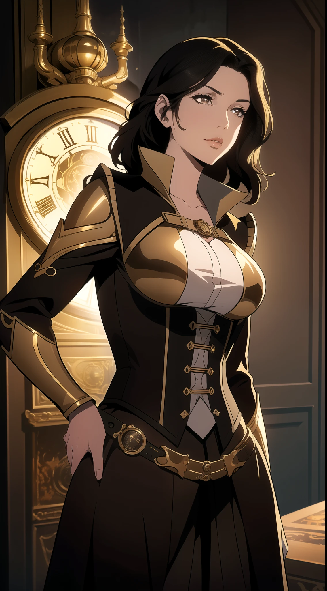 (One Person), (Masterpiece, Best Quality), (A Gorgeous 25 Years Old British Female Clock Mechanic), (Short Wavy Black Hair), (Golden Brown Eyes), (Fair Skin), (Wearing Brown and Gold Steampunk-style Outfit with Goggles and Corsets, with Ornate Golden Gears and Clocks), (Steampunk City Road at Day), (Dynamic Pose), Centered, (Half Body Shot:1.4), From Front Shot, Insane Details, Intricate Face Detail, Intricate Hand Details, Cinematic Shot and Lighting, Realistic and Vibrant Colors, Masterpiece, Sharp Focus, Highly Detailed, Taken with DSLR camera, Depth of Field, Realistic Environment and Scene, Master Composition and Cinematography