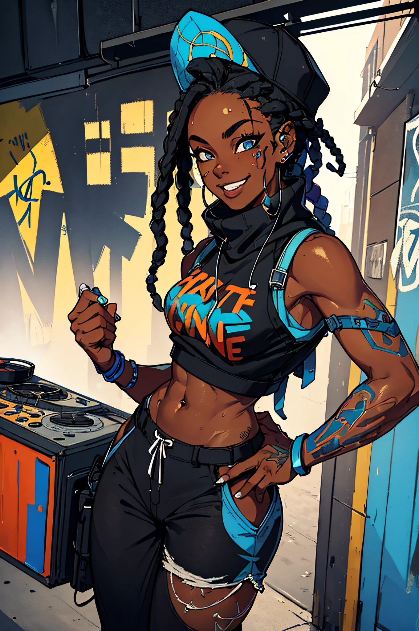 a black girl graffiti artist, DJ, Music, Black and blue dreads, urban, snapback hat, vigilante, vibrant fan art, backpack, hip-hop, tank top, headphones on ear, music, sexy, tight clothing smiling,  fit, hot, sweaty, blue piercing,( Masterpiece) ( Best Quality)