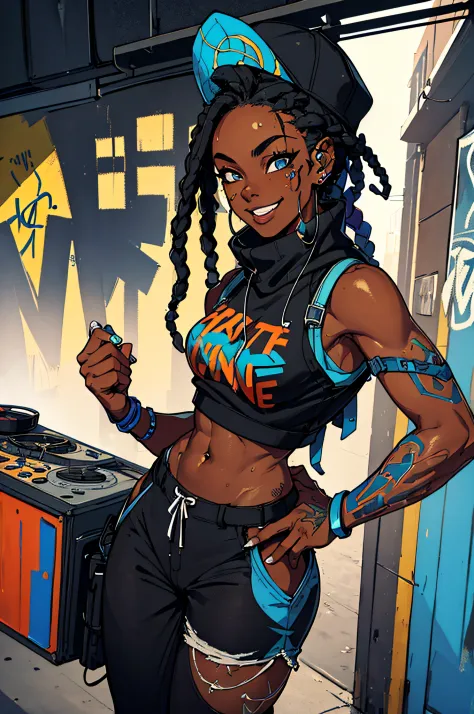 a black girl graffiti artist, DJ, Music, Black and blue dreads, urban, snapback hat, vigilante, vibrant fan art, backpack, hip-h...