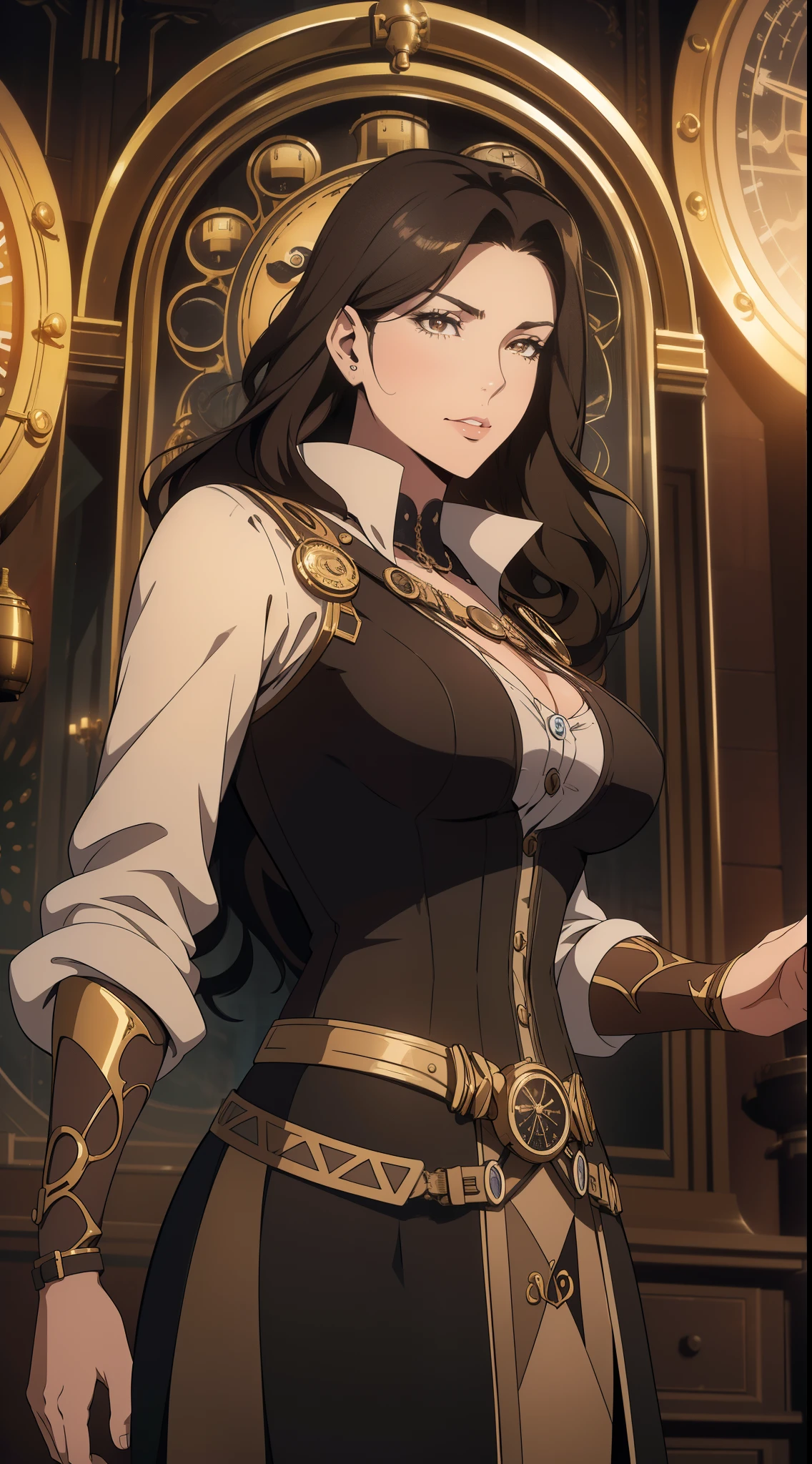 (One Person), (Masterpiece, Best Quality), (A Gorgeous 25 Years Old British Female Clock Mechanic), (Short Wavy Black Hair), (Golden Brown Eyes), (Fair Skin), (Wearing Brown and Gold Steampunk-style Outfit with Goggles and Corsets, with Ornate Golden Gears and Clocks), (Steampunk City Road at Day), (Dynamic Pose), Centered, (Half Body Shot:1.4), From Front Shot, Insane Details, Intricate Face Detail, Intricate Hand Details, Cinematic Shot and Lighting, Realistic and Vibrant Colors, Masterpiece, Sharp Focus, Highly Detailed, Taken with DSLR camera, Depth of Field, Realistic Environment and Scene, Master Composition and Cinematography