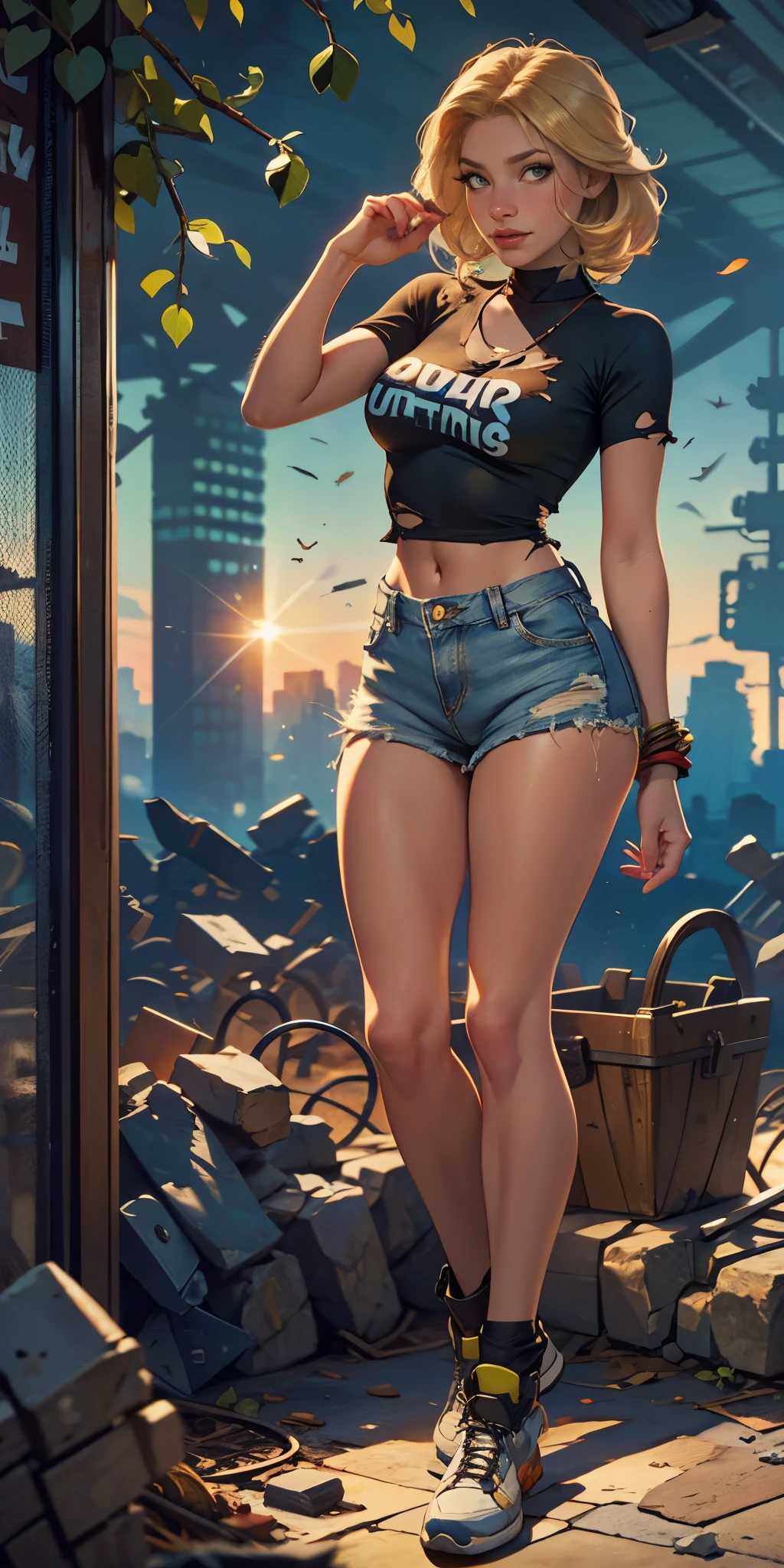 2076 year. The Urban Ruins of the Wasteland, Female huntress picking fruit in the garden, beautiful face, blonde, torn shirt and denim shorts ,  long legs, sweating through, sun rising, Nice warm colors, head to toe full body shot