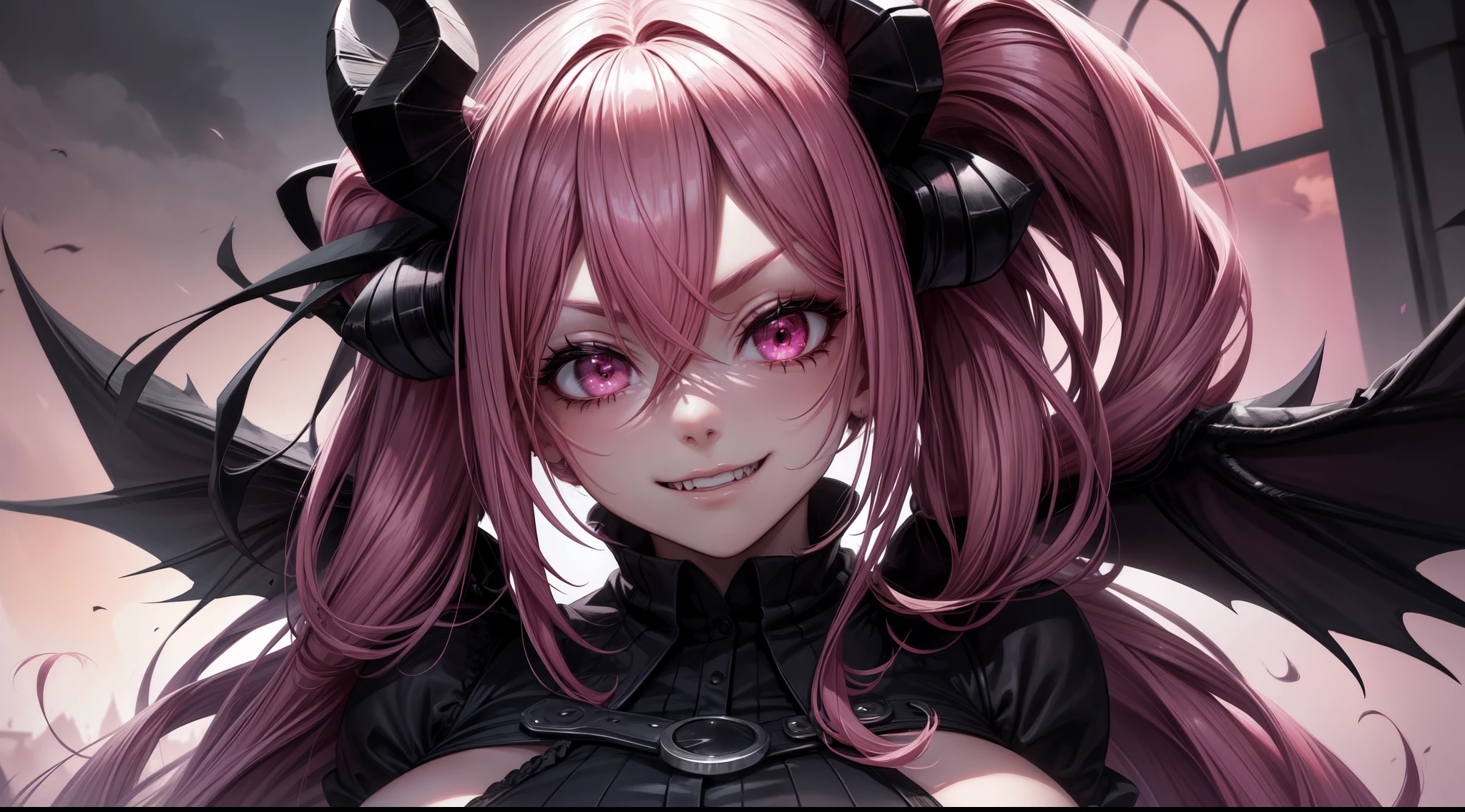 1girl, pink hair, long hair,  hd quality, 4k, 8k,,eyes, face, , evil, dark, face closeup, face, fangs,, face close up. dominant, dark, sideways, sideview, villain, hair clip,black horns, large breasts, twin tails, evilgrin, huge breasts, cardigan, succubus