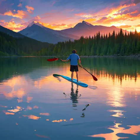 one man alone standing in his stand up paddle in the middle of the lake, sundown, mountains