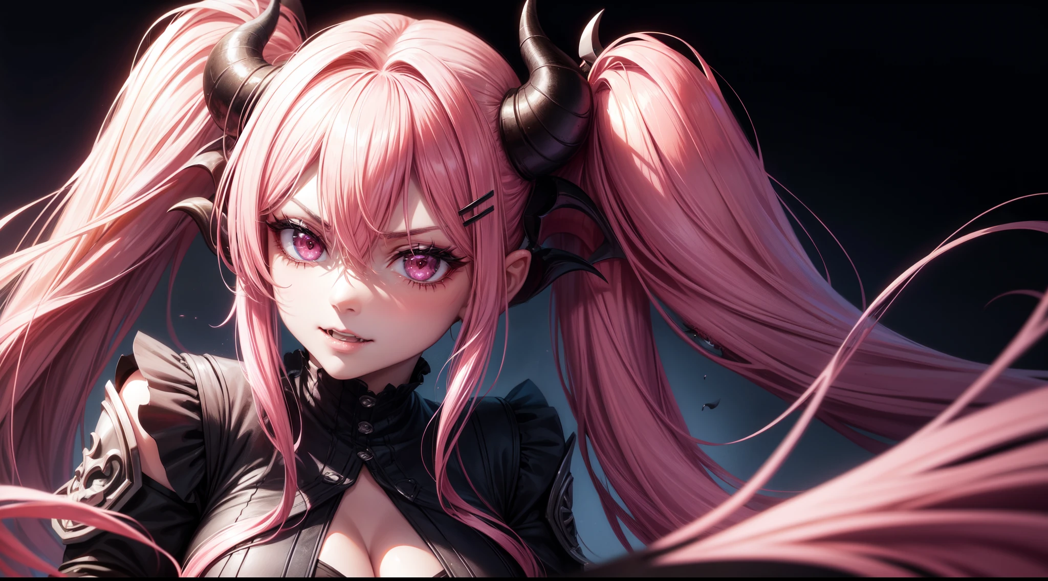 1girl, pink hair, long hair,  hd quality, 4k, 8k,,eyes, face, , evil, dark, face closeup, face, fangs,, face close up. dominant, dark, sideways, sideview, villain, hair clip, black horns, large breasts, twin tails,  huge breasts, cardigan, succubus, plain black background, tribal eyeliner, womanly