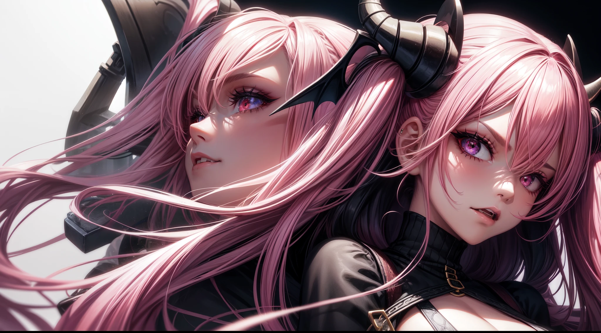 1girl, pink hair, long hair,  hd quality, 4k, 8k,,eyes, face, , evil, dark, face closeup, face, fangs,, face close up. dominant, dark, sideways, sideview, villain, hair clip, black horns, large breasts, twin tails,  huge breasts, cardigan, succubus, plain black background, tribal eyeliner, womanly