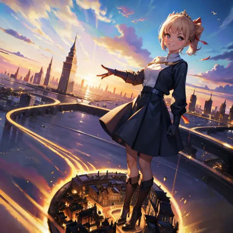 (Microscopic landscape), microscopic city foreground, A gigantic Schoolgirl brat stepping on a miniature kingdom, miniature buil...