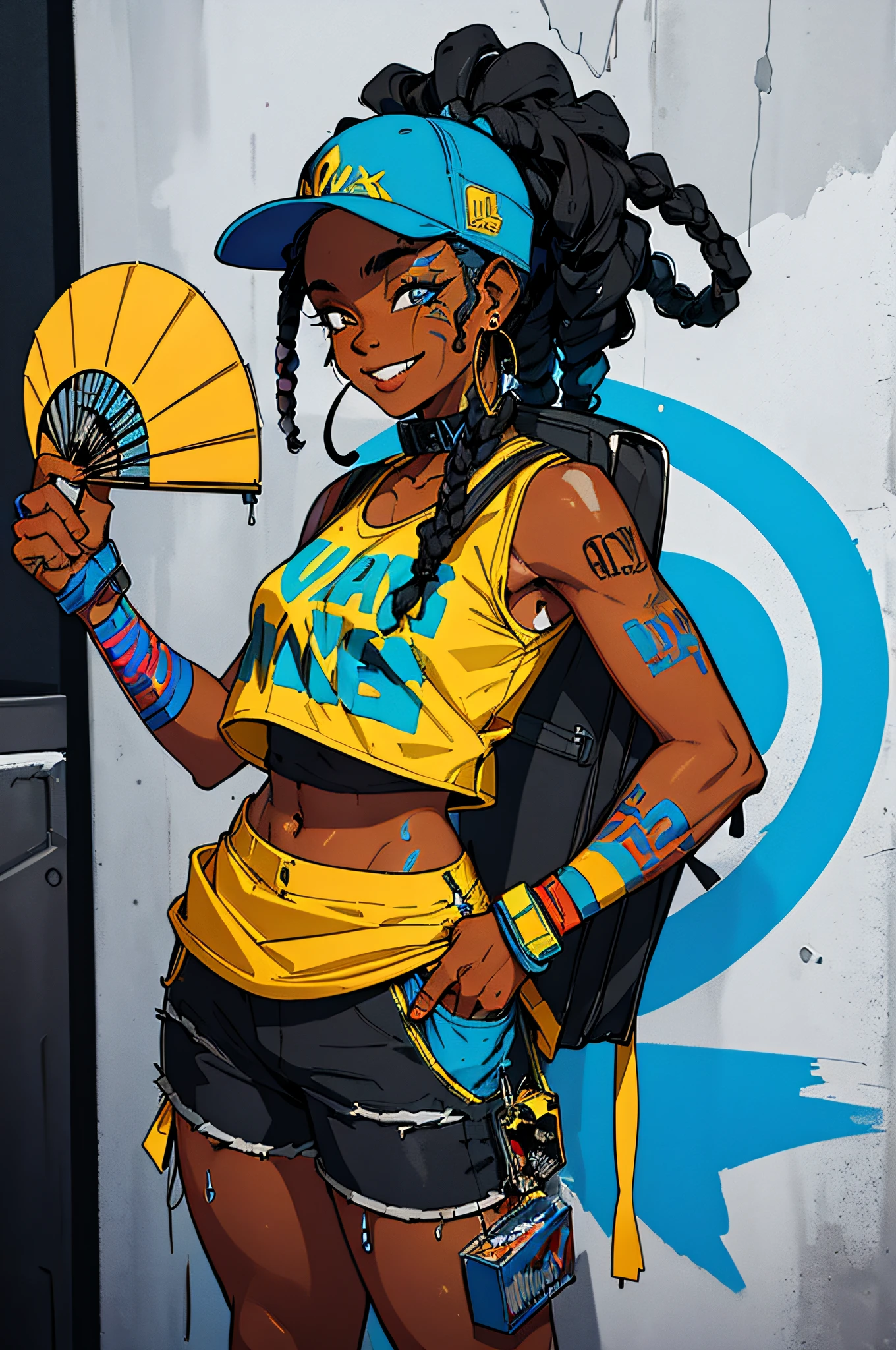 a black girl graffiti artist, DJ, Music, Black and blue hair dreads, music urban, snapback hat, vigilante, vibrant fan art, backpack, hip-hop, tank top, headphones on ear, spray paint cans accessories, music, sexy, tight clothing smiling, fit, hot, sweaty, blue piercing,  (red, yellow, blue clothing) ( Masterpiece) ( Best Quality)