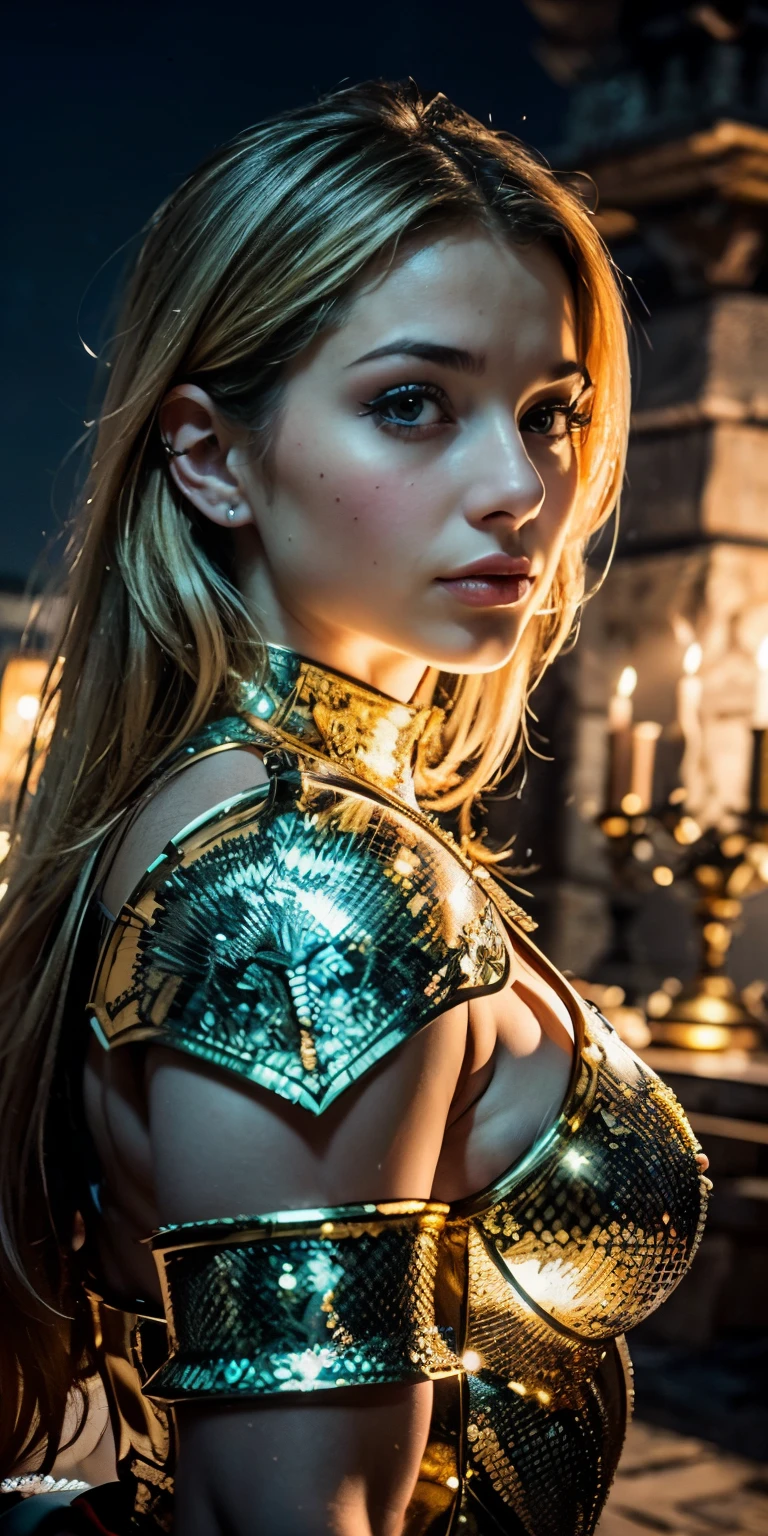 Portrait of a woman, the most beautiful in the world, (medieval gold armor), metal reflections, upper body, outdoors, intense moonlight, far away castle, professional photograph of a stunning woman detailed, sharp focus, dramatic, award winning, (masterpiece), (extremely intricate:1.3), (realistic), HDR+