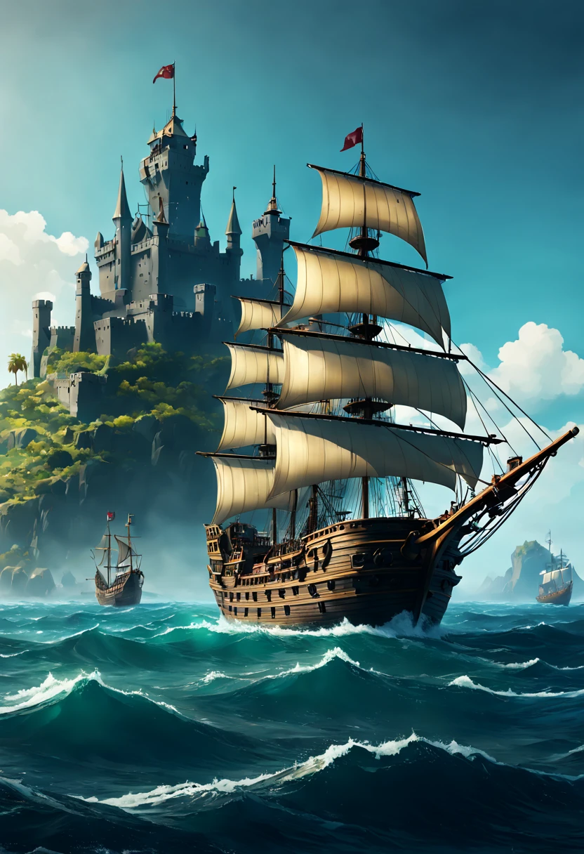 arafed ship in the ocean with a castle in the background, ships with sails underneath, galleon, sea of thieves style, arcane style viking battleship, gold galleon ship, pirates, ships with sails, kerem beyit, inspired by Raphael Lacoste, an impossibly huge pirate ship, by Fyodor Rokotov, style of raphael lacoste