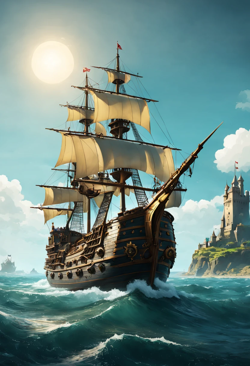 arafed ship in the ocean with a castle in the background, ships with sails underneath, galleon, sea of thieves style, arcane style viking battleship, gold galleon ship, pirates, ships with sails, kerem beyit, inspired by Raphael Lacoste, an impossibly huge pirate ship, by Fyodor Rokotov, style of raphael lacoste