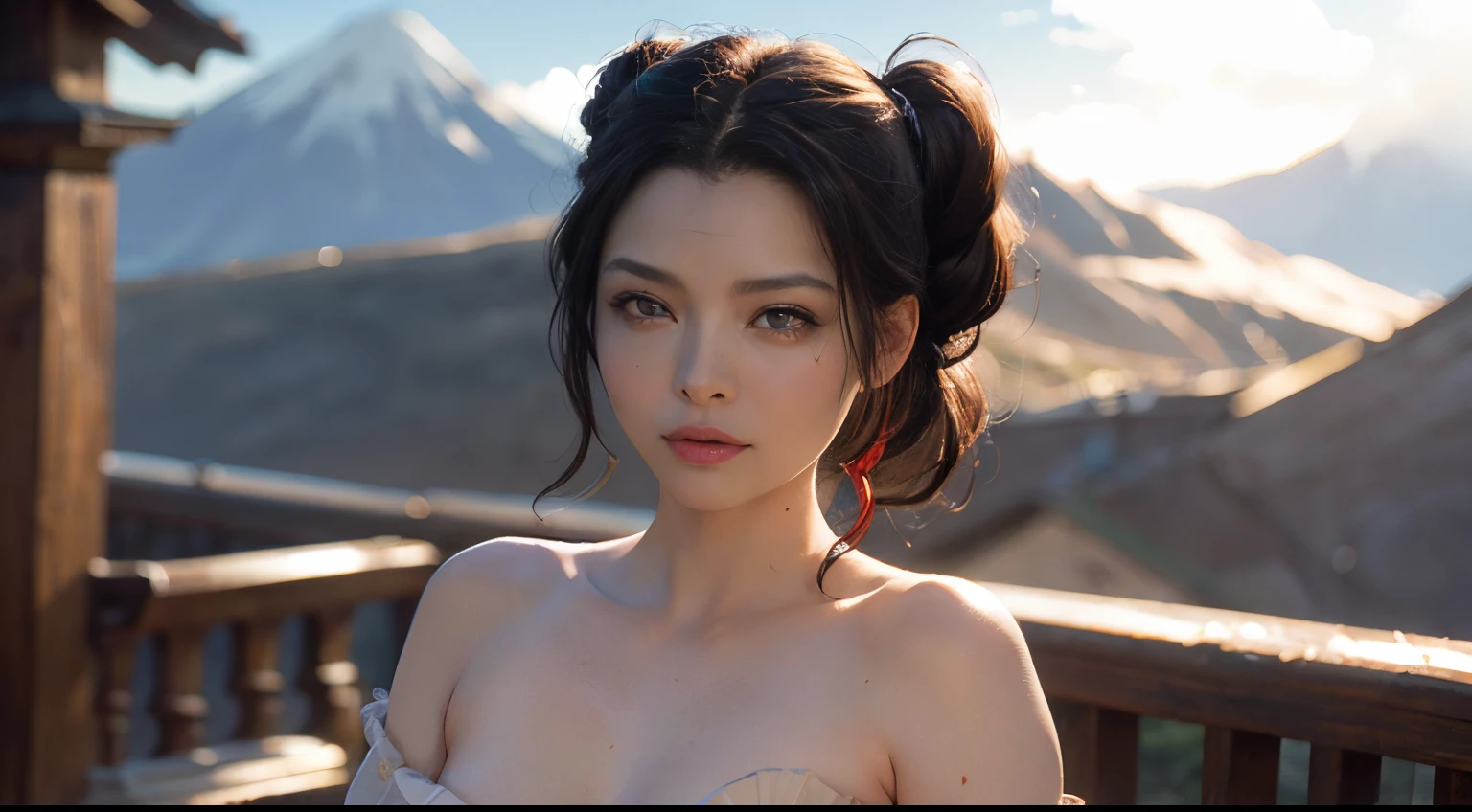 NSFW, 1girl, , (master part: 1.4), (8k, Realistic, Foto RAW, best quality: 1.4), Skirt Lift, Standing on top of the mountain, shape of the areola of the light nipple, beautiful breasts,  Chinesa, beautiful pretty face, (real face: 1.4), perfect pussy, Beautiful Hairstyle, realistic brown eyes, Beautiful Eyes of Detail, (realskin: 1.3), beautiful fur, appealing, Ultra high resolution, ultra realistic, Cinematic lighting, colored black hair, long  hair, twin ponytails, white ribbons, ancient China, mitologia Chinesa, Dragoned
