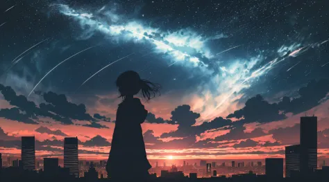 anime,silhouette,1girl, star (sky), cloud, cityscape, building, city, outdoors, skyscraper, city lights, night, night sky, sunse...