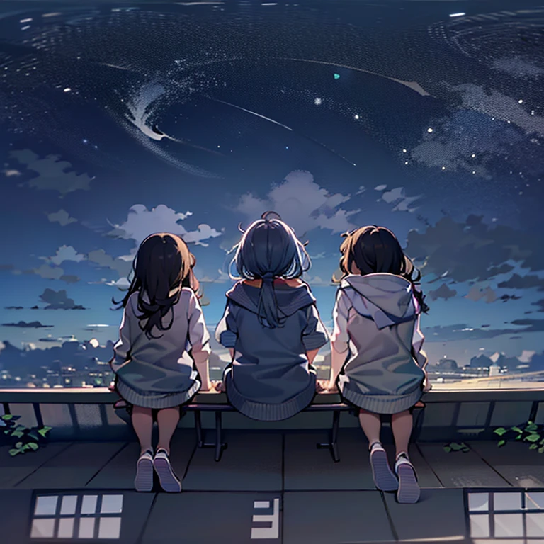 Rear view of 3 little girls sitting on the roof. Octane renderer, sky sky, As estrelas (sky sky), scenecy, starrysky, natta, nigh sky, alone, Outdoor sports, buliding, cloud, milky ways, sitted, that tree, Long gray hair, City, contours, looking over city. There are stars, Moon and Milky Way in the sky. there