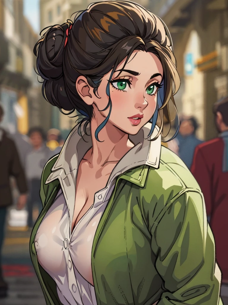 (best quality, masterpiece, illustration:1.1), [[[1girl]]], black bun haired jewish girl, (((big boobs))), huge , [[[big nose!]]], Jew nose, wearing white shirt and pale olive jacket along with brown pants, beautiful, highly detailed, 4k, perfect body, perfect proportions, rich quality, hd, ultrahd, full body, idle pose, green eyes