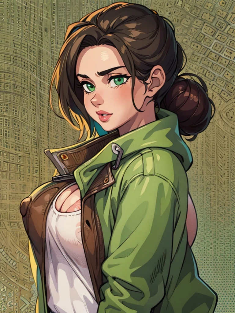 (best quality, masterpiece, illustration:1.1), [[[1girl]]], black bun haired jewish girl, (((big boobs))), huge boobs, [[[big nose!]]], Jew nose, wearing white shirt and pale olive jacket along with brown pants, beautiful, highly detailed, 4k, perfect body, perfect proportions, rich quality, hd, ultrahd, full body, idle pose, green eyes