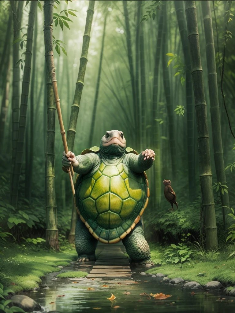 （gran tortuga en la película：1.5），Maestro Tortuga：1.8，Maestro Tortuga, Kung fu，bosque de bambú，practica artes marciales，sentimiento zen，sosteniendo un bastón de madera，（No pandas：1.5）