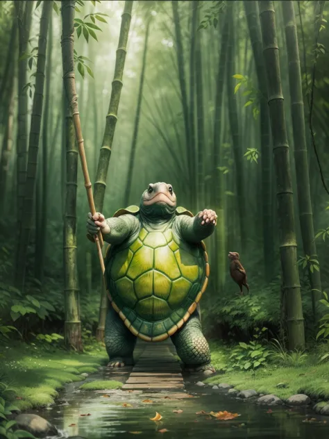 （big turtle in movie：1.5），Turtle Master：1.8，Turtle Master, Kungfu，bamboo forrest，Practice martial arts，zen feeling，holding a woo...