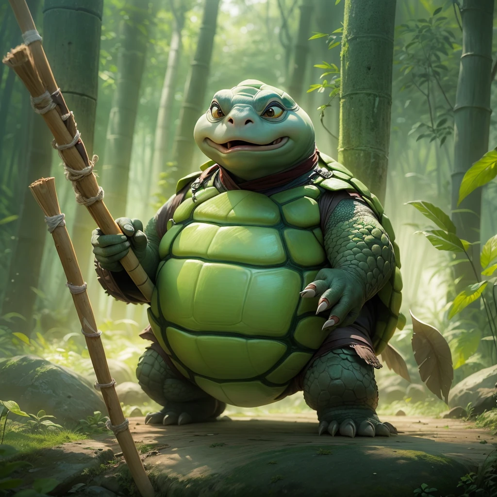 （big turtle in movie：1.5），Turtle Master：1.8，Master Oogway, Kungfu，bamboo forrest，Practice martial arts，zen feeling，holding a wooden cane，（No pandas：1.5）