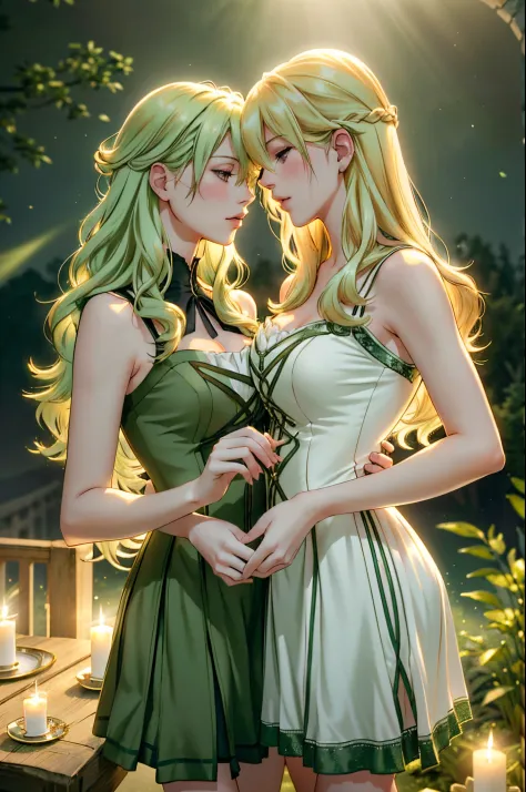 (a romantic and sexy scene, 2 women kissing, Alisa Reinford with long blonde hair and Musse Egret with short green hair), sleeve...