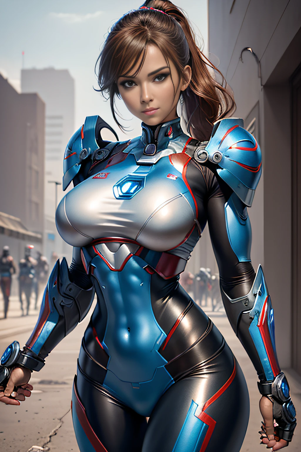 Textured skin, Super Detail, high details, High quality, Best Quality, hight resolution, 1080p, hard disk, Beautiful,(Iron Patriot),beautiful cyborg woman,Mecha Cyborg Girl,Battle Mode,Girl with a Mecha Body,She wears a futuristic Iron Patriot mech,Fulll body Shot