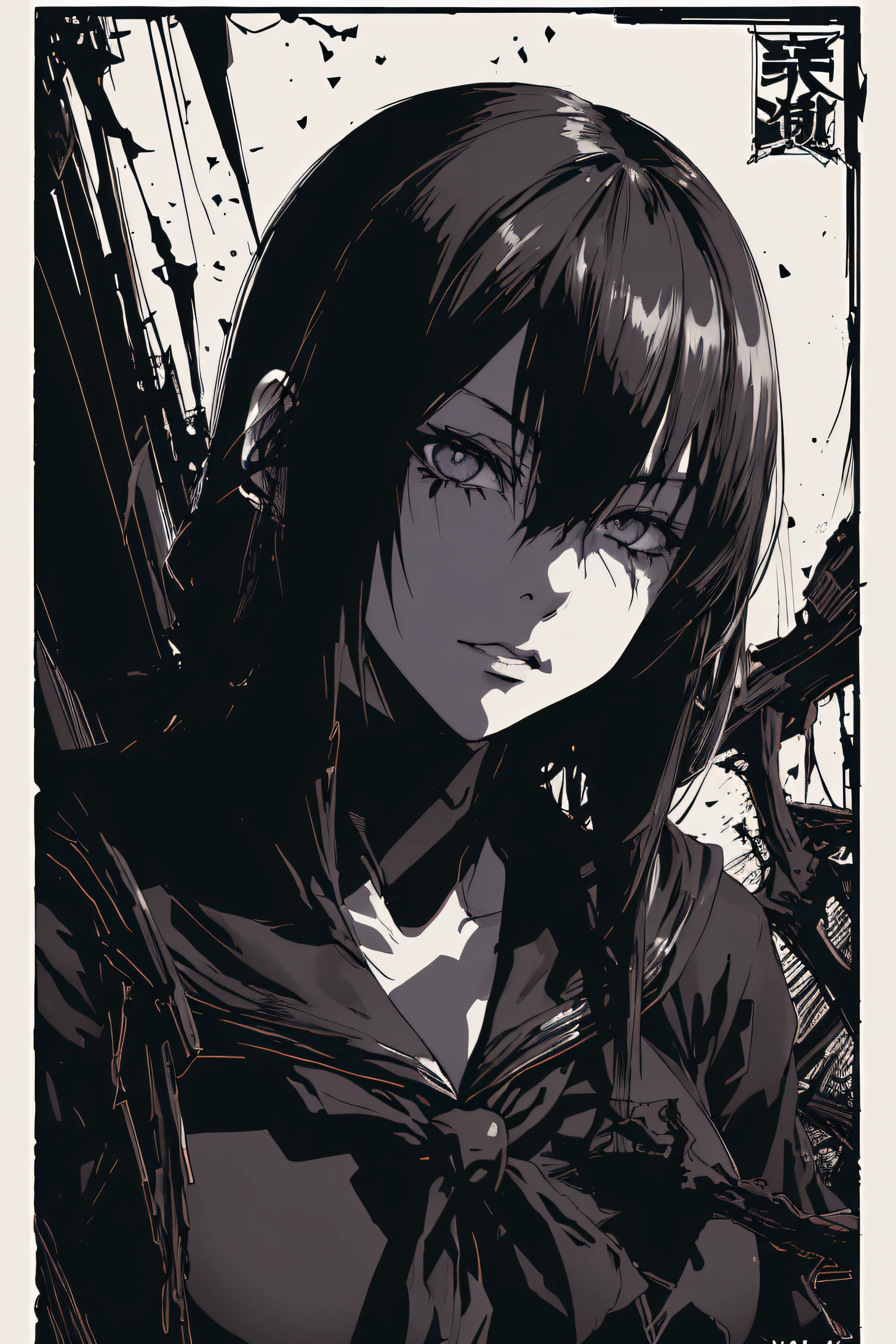 v5lcn style,ink art,(Best Quality,masutepiece:1.2),(black and white comic core:1.1),(extreme high contrast),Dark ink,1girl in,A dark-haired,Shadow on face、8K,resolution,High School Girl,Sailor Uniform,