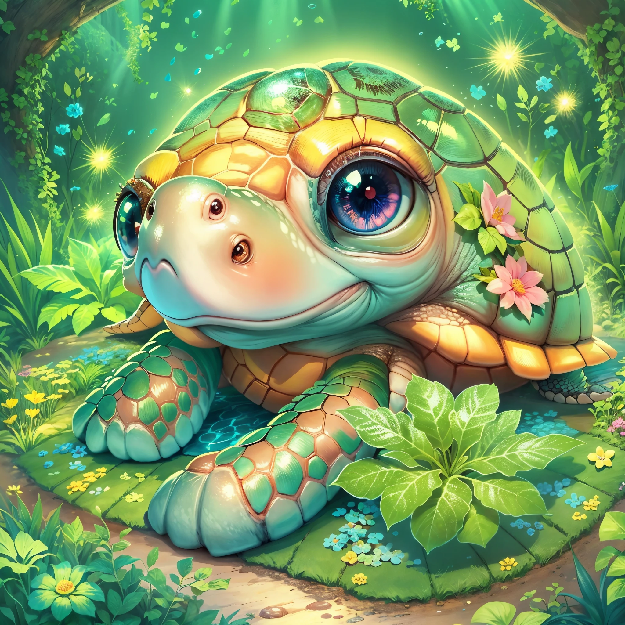 ((Cuento de hadas)), ((Se dibuja la linda ilustración de la tortuga.)), largeeyes, ojos redondos, ojos brillando, (una variedad de poses), Hermoso jardín al fondo, Flores de colores florecen, rosa, flores azules y amarillas. Él&#39;está bañado en luz, The floor is studded wÉlh sparkling jewels. La luz de los diamantes y la luz de las esmeraldas se extienden maravillosamente como estrellas..