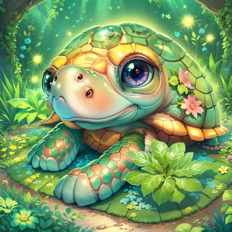 ((Fairytale)), ((The cute turtle illustration is drawn)), largeeyes, Round eyes, eyes glowing, (a variety of poses), Beautiful g...