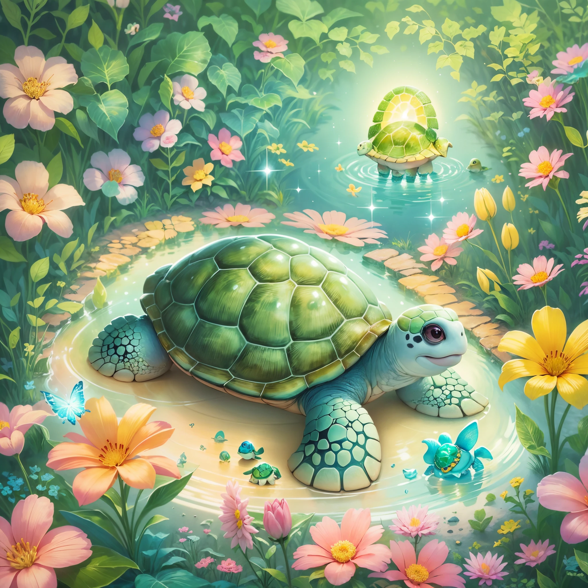 ((Cuento de hadas)), ((Se dibuja la linda ilustración de la tortuga.)), largeeyes, ojos redondos, ojos brillando, (una variedad de poses), Hermoso jardín al fondo, Flores de colores florecen, rosa, flores azules y amarillas. Él&#39;está bañado en luz, The floor is studded wÉlh sparkling jewels. La luz de los diamantes y la luz de las esmeraldas se extienden maravillosamente como estrellas..