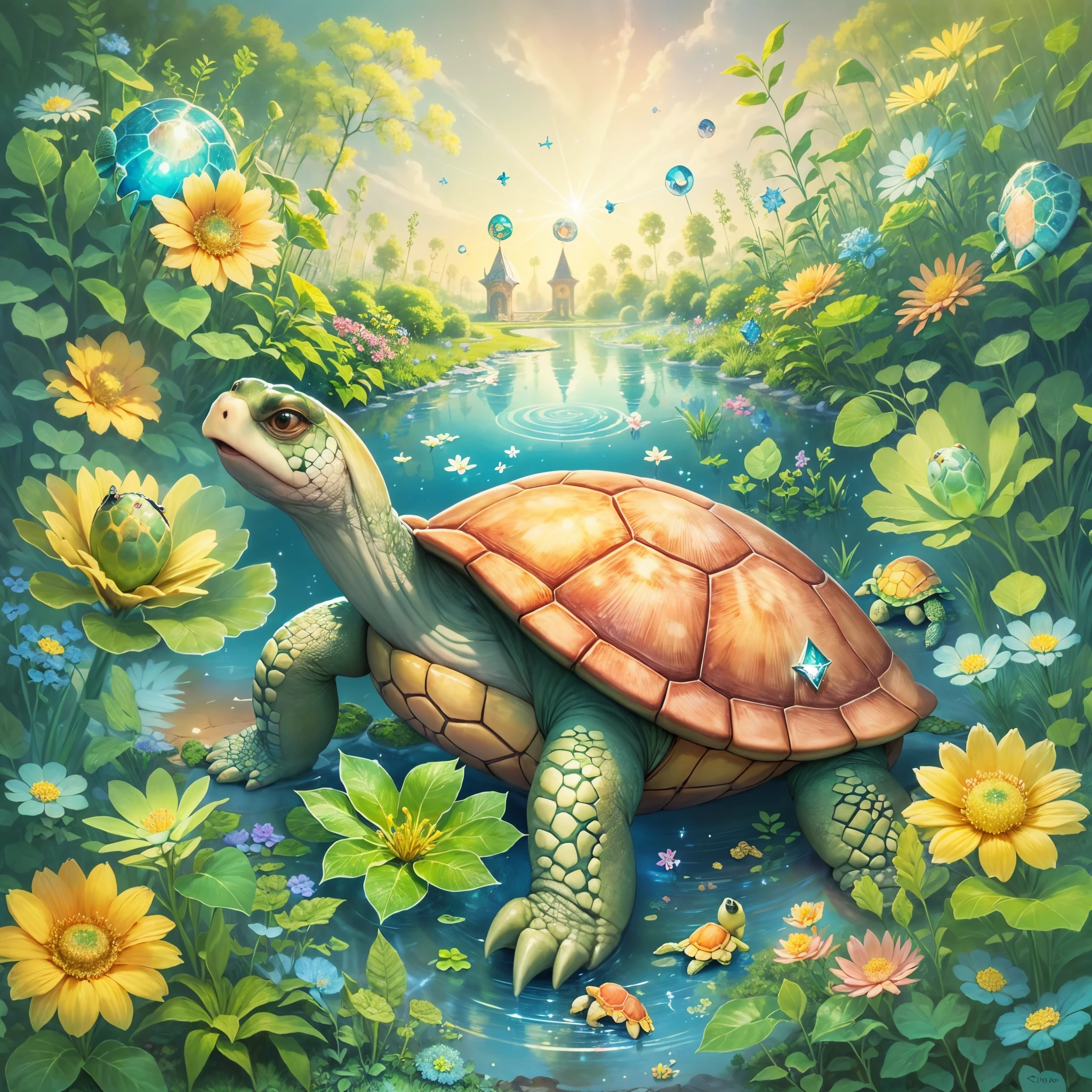 ((sueño mágico)), ((The magical lÉltle land turtle illustration is drawn)), largeeyes, ojos redondos, ojos brillando, (una variedad de poses), Hermoso jardín al fondo, Flores de colores florecen, rosa, flores azules y amarillas. Él&#39;está bañado en luz, The floor is studded wÉlh sparkling jewels. La luz de los diamantes y la luz de las esmeraldas se extienden maravillosamente como estrellas..